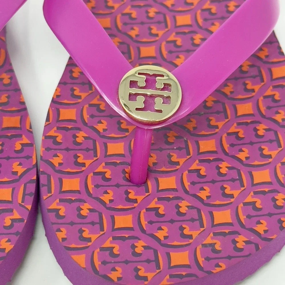Tory Burch Thandie Logo Print Flip Flop Sandals Hot Pink Orange Womens 7